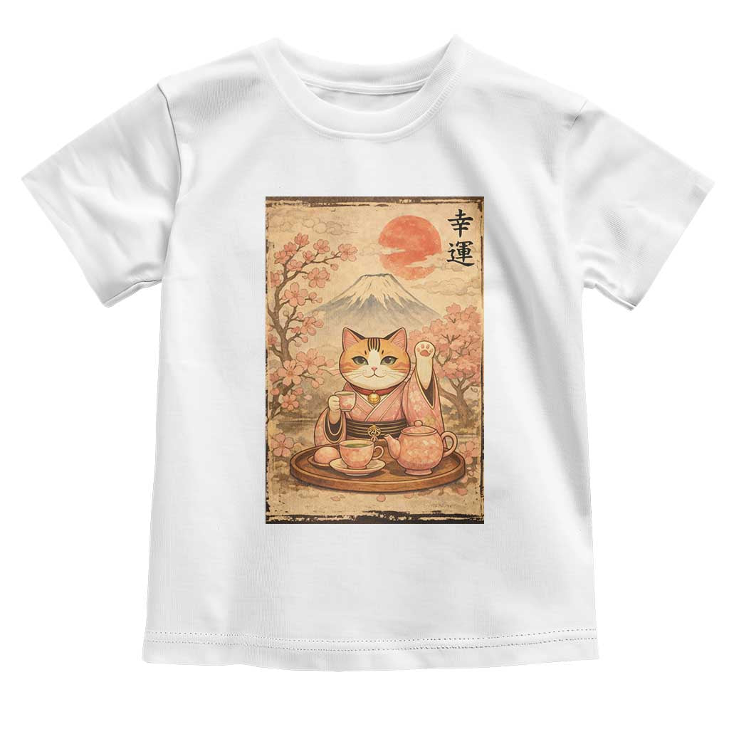 Japanese Maneki Neko Drinking Tea Kawaii Lucky Cat Toddler T Shirt - Wonder Print Shop
