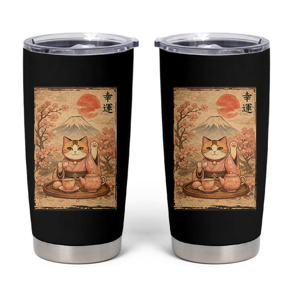 Japanese Maneki Neko Drinking Tea Kawaii Lucky Cat Tumbler Cup - Wonder Print Shop