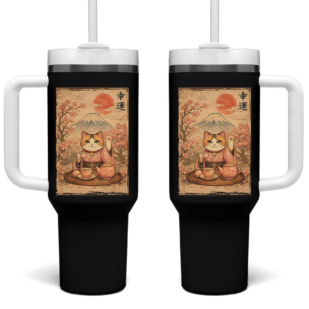 Japanese Maneki Neko Drinking Tea Kawaii Lucky Cat Tumbler With Handle - Wonder Print Shop