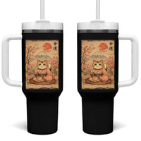 Japanese Maneki Neko Drinking Tea Kawaii Lucky Cat Tumbler With Handle - Wonder Print Shop