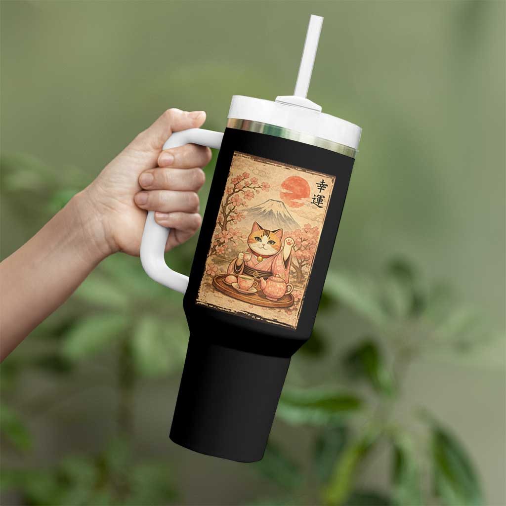 Japanese Maneki Neko Drinking Tea Kawaii Lucky Cat Tumbler With Handle - Wonder Print Shop