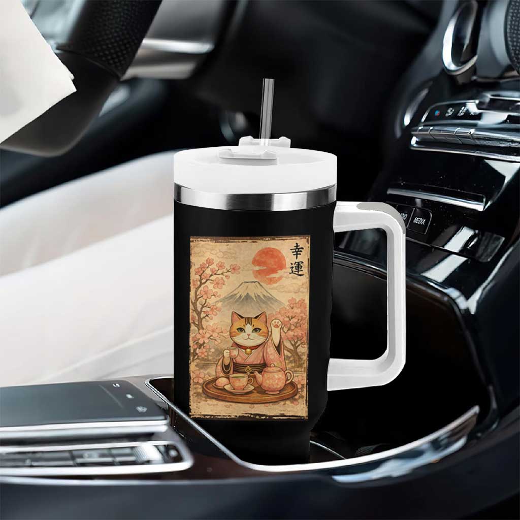 Japanese Maneki Neko Drinking Tea Kawaii Lucky Cat Tumbler With Handle - Wonder Print Shop