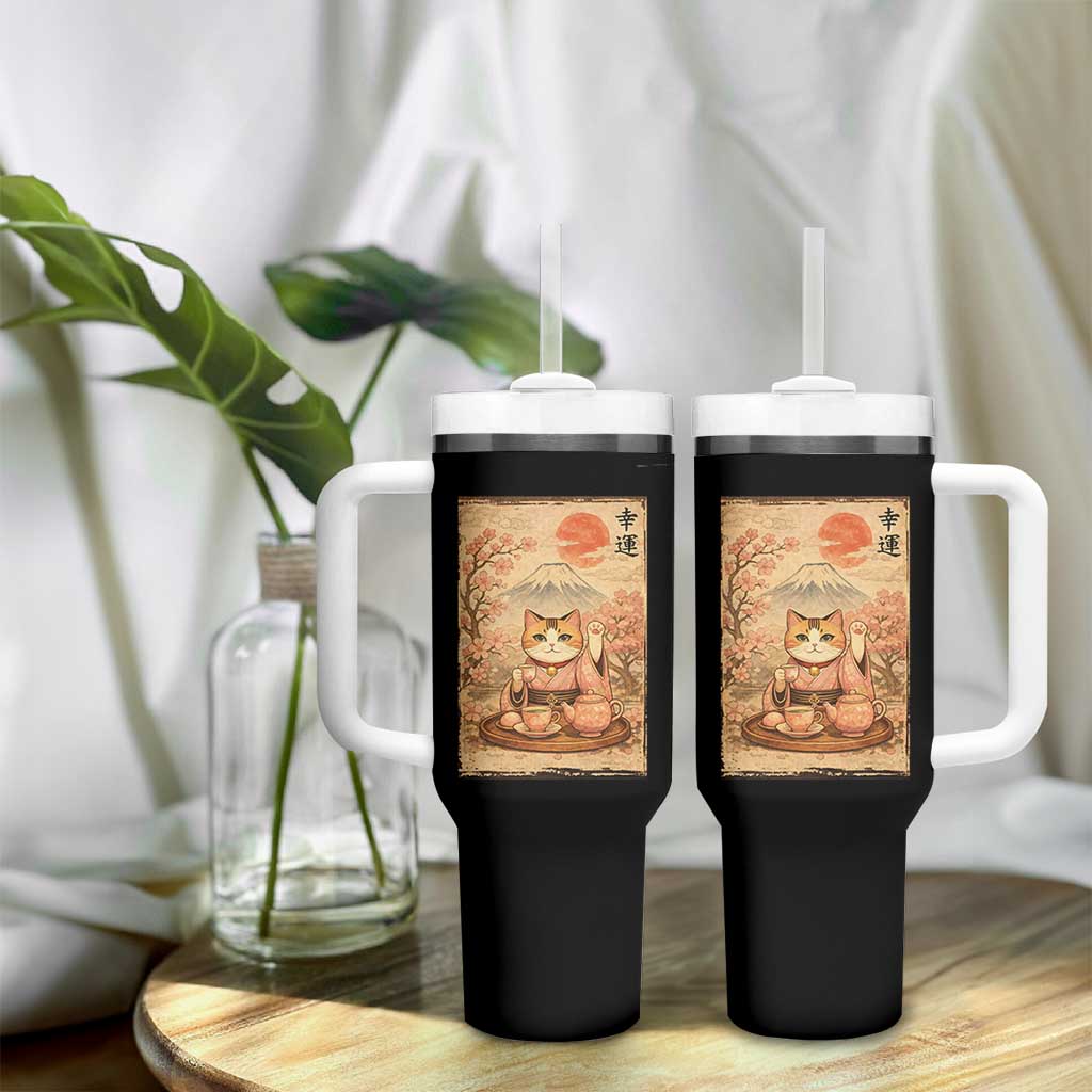 Japanese Maneki Neko Drinking Tea Kawaii Lucky Cat Tumbler With Handle - Wonder Print Shop