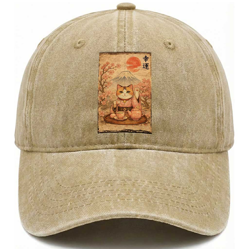 Japanese Maneki Neko Drinking Tea Kawaii Lucky Cat Washed Cotton Baseball Cap