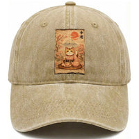 Japanese Maneki Neko Drinking Tea Kawaii Lucky Cat Washed Cotton Baseball Cap