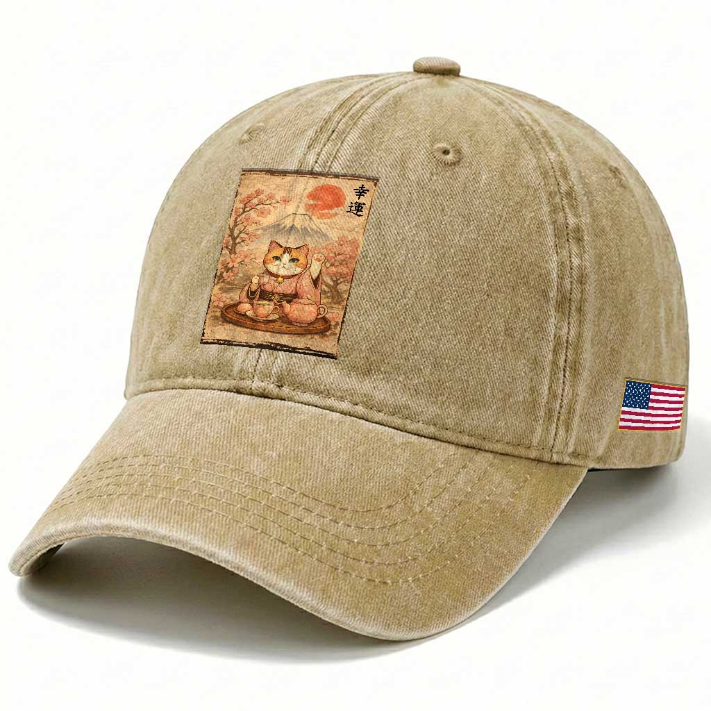 Japanese Maneki Neko Drinking Tea Kawaii Lucky Cat Washed Cotton Baseball Cap