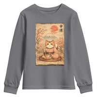 Japanese Maneki Neko Drinking Tea Kawaii Lucky Cat Youth Sweatshirt - Wonder Print Shop