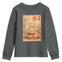 Japanese Maneki Neko Drinking Tea Kawaii Lucky Cat Youth Sweatshirt - Wonder Print Shop