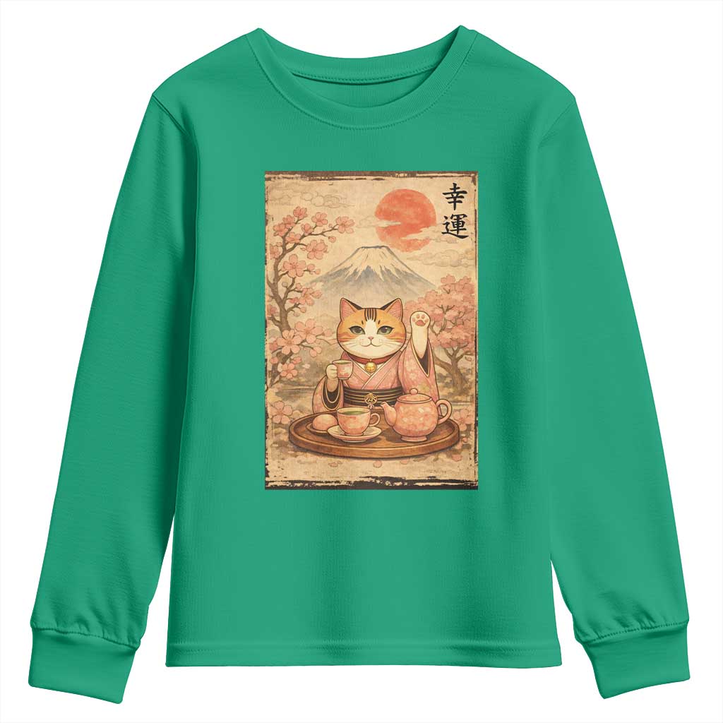 Japanese Maneki Neko Drinking Tea Kawaii Lucky Cat Youth Sweatshirt - Wonder Print Shop