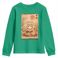 Japanese Maneki Neko Drinking Tea Kawaii Lucky Cat Youth Sweatshirt - Wonder Print Shop
