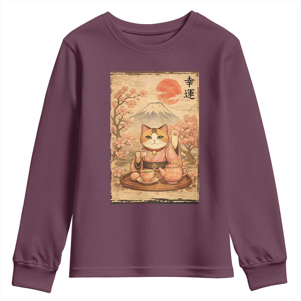 Japanese Maneki Neko Drinking Tea Kawaii Lucky Cat Youth Sweatshirt - Wonder Print Shop