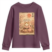 Japanese Maneki Neko Drinking Tea Kawaii Lucky Cat Youth Sweatshirt - Wonder Print Shop