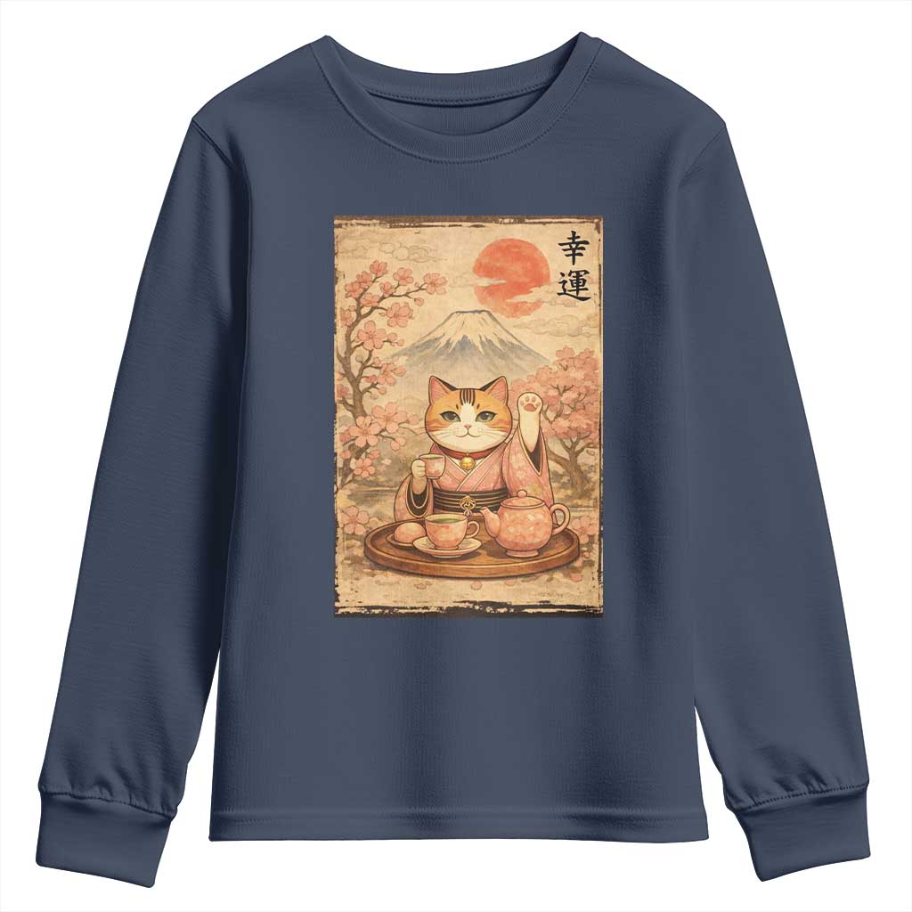 Japanese Maneki Neko Drinking Tea Kawaii Lucky Cat Youth Sweatshirt - Wonder Print Shop