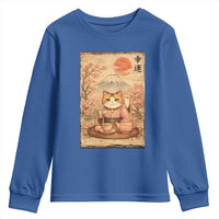 Japanese Maneki Neko Drinking Tea Kawaii Lucky Cat Youth Sweatshirt - Wonder Print Shop