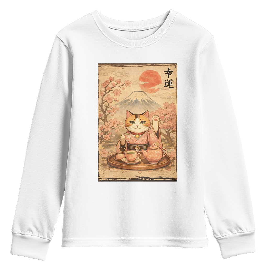 Japanese Maneki Neko Drinking Tea Kawaii Lucky Cat Youth Sweatshirt - Wonder Print Shop