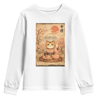 Japanese Maneki Neko Drinking Tea Kawaii Lucky Cat Youth Sweatshirt - Wonder Print Shop