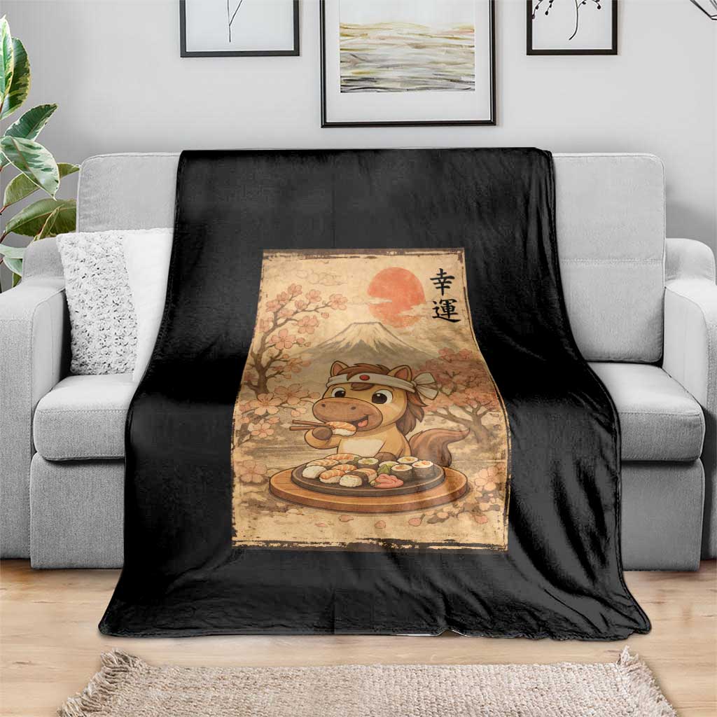 Funny Horse Eating Sushi Throw Blanket Japanese Noodle Lover - Wonder Print Shop