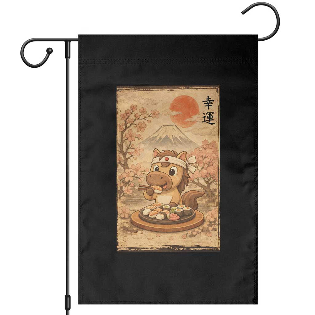 Funny Horse Eating Sushi Garden Flag Japanese Noodle Lover - Wonder Print Shop