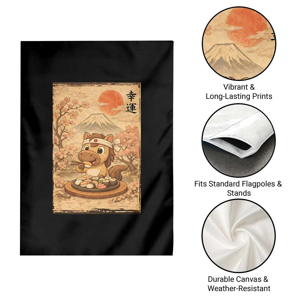 Funny Horse Eating Sushi Garden Flag Japanese Noodle Lover - Wonder Print Shop