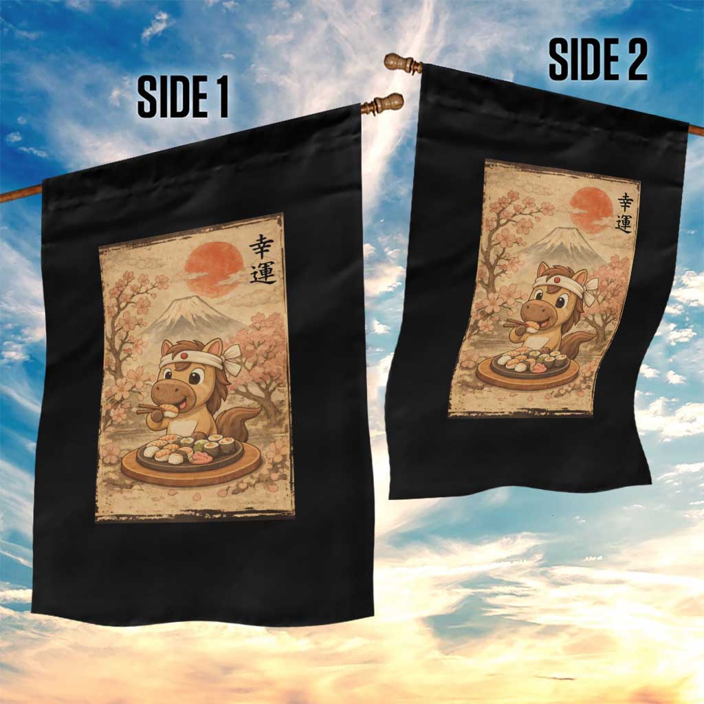 Funny Horse Eating Sushi Garden Flag Japanese Noodle Lover - Wonder Print Shop