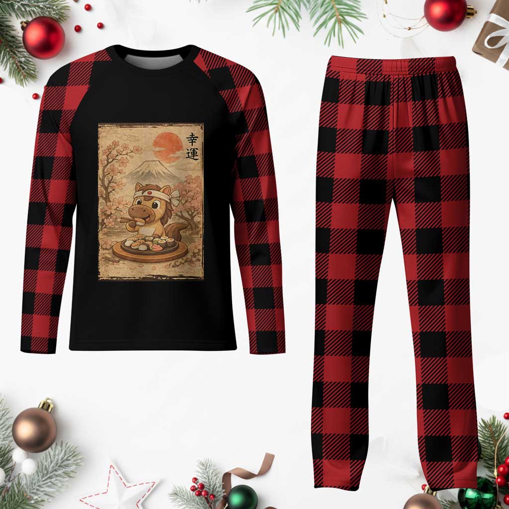 Funny Horse Eating Sushi Plaid Pajama Set Japanese Noodle Lover - Wonder Print Shop