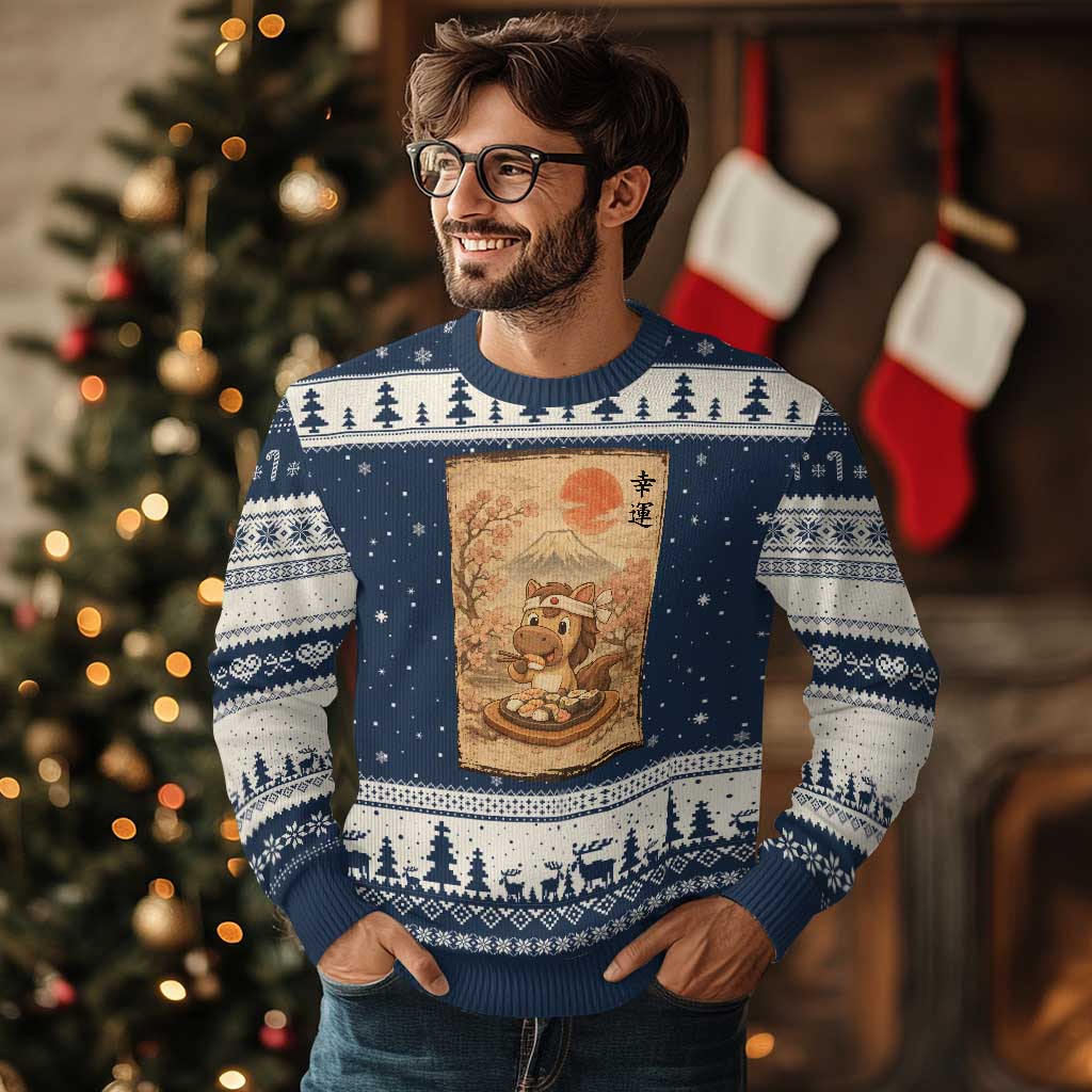 Funny Horse Eating Sushi Ugly Christmas Sweater Japanese Noodle Lover - Wonder Print Shop