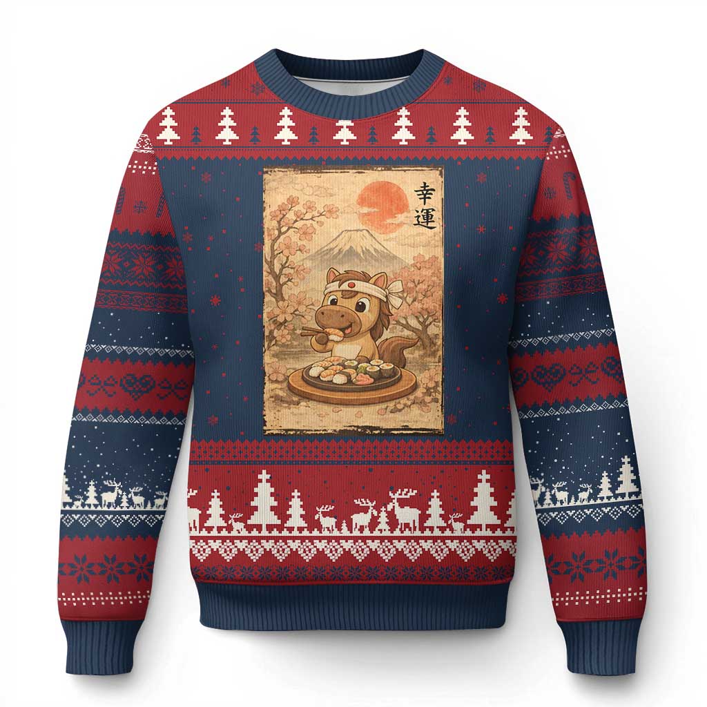 Funny Horse Eating Sushi Ugly Christmas Sweater Japanese Noodle Lover - Wonder Print Shop