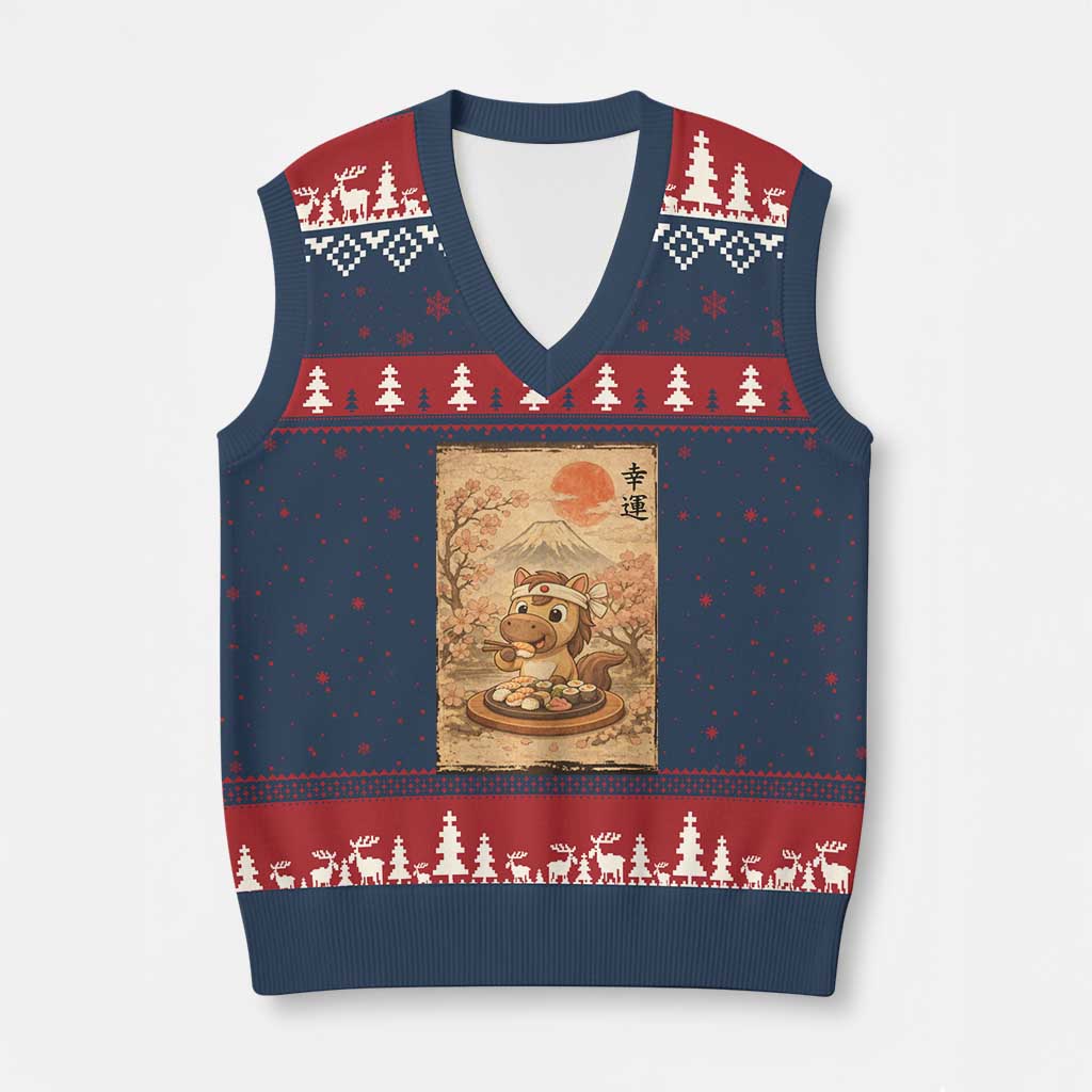 Funny Horse Eating Sushi V-Neck Knit Sweater Vest Japanese Noodle Lover - Wonder Print Shop
