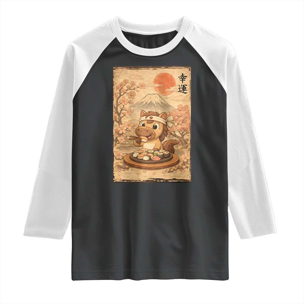 Funny Horse Eating Sushi Raglan Shirt Japanese Noodle Lover - Wonder Print Shop