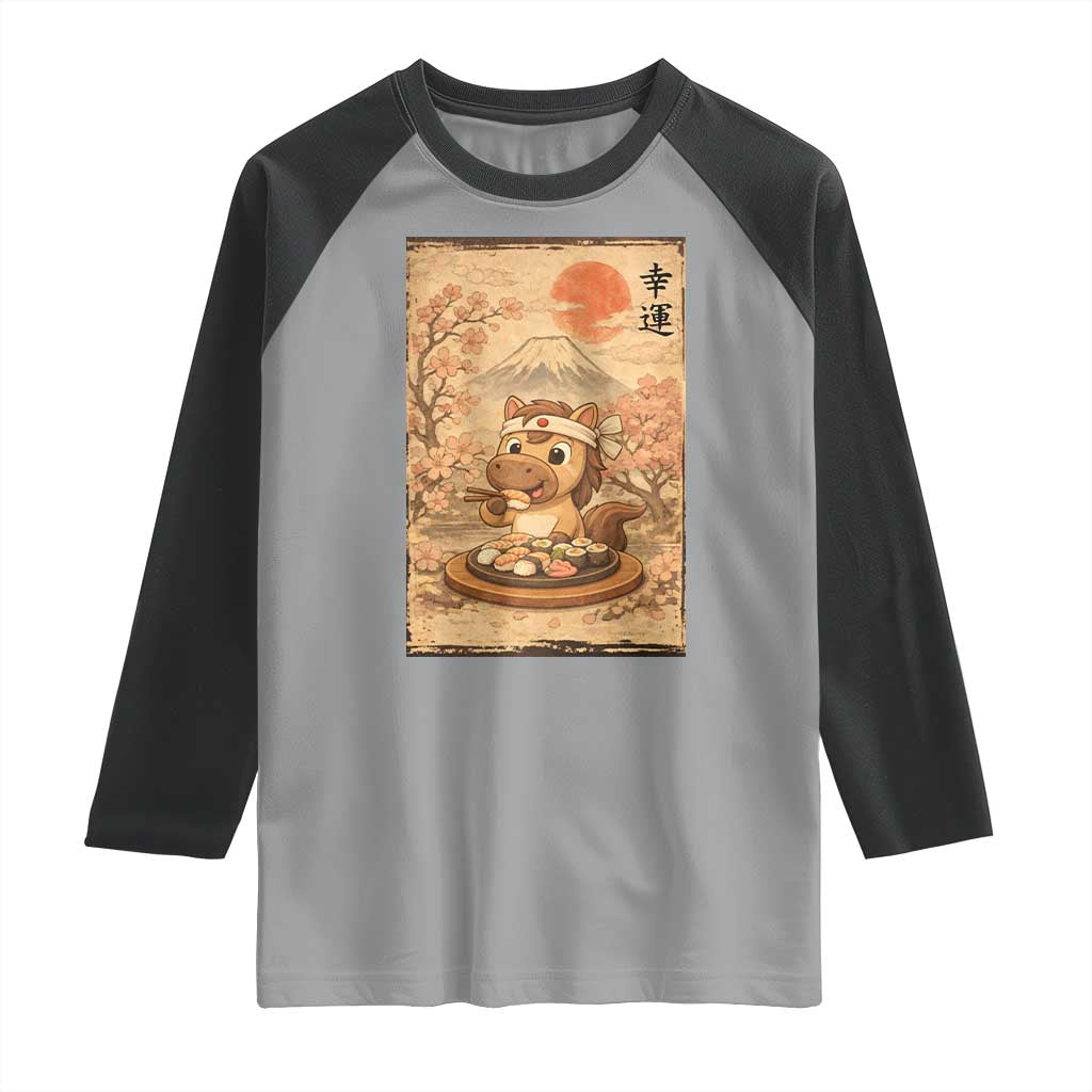 Funny Horse Eating Sushi Raglan Shirt Japanese Noodle Lover - Wonder Print Shop