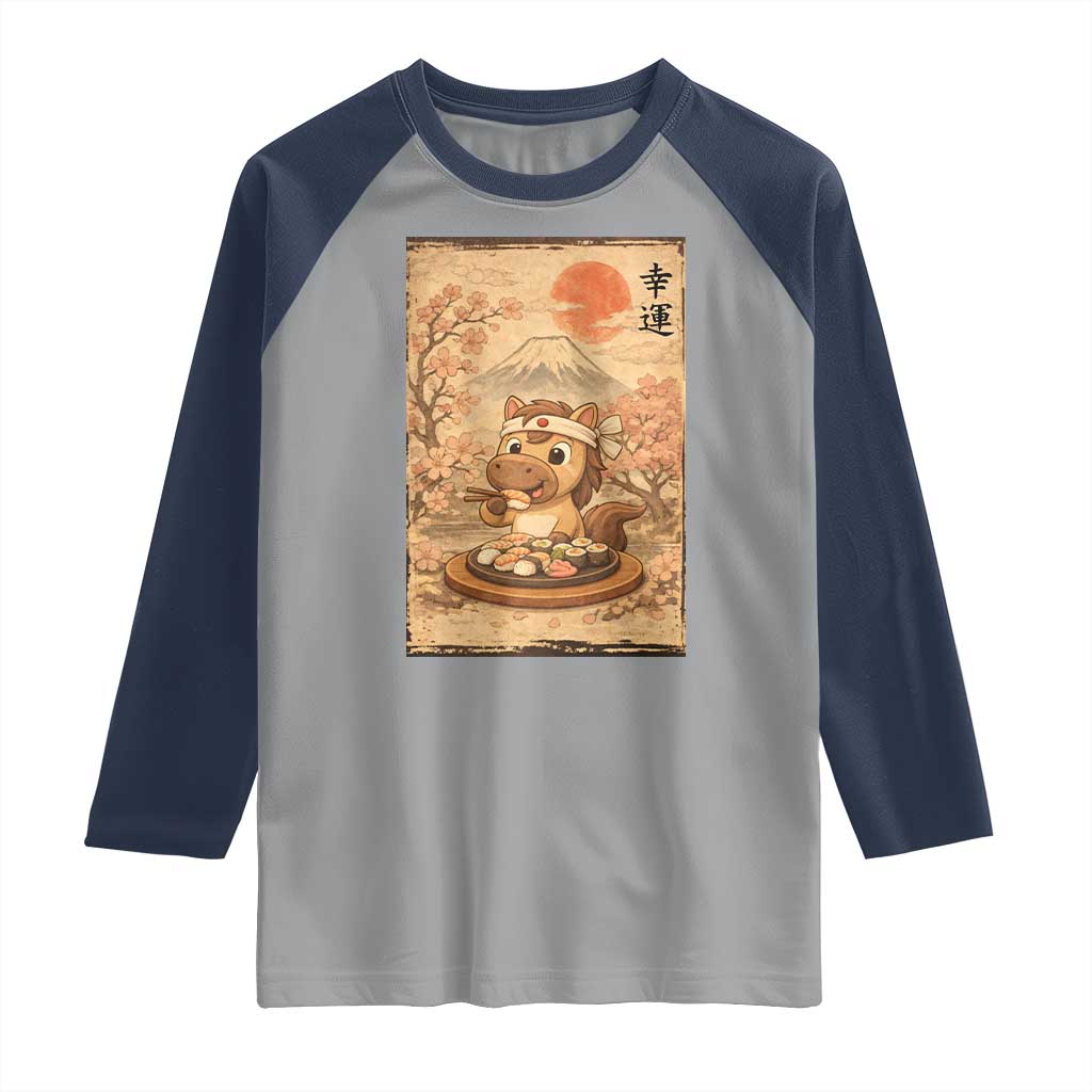 Funny Horse Eating Sushi Raglan Shirt Japanese Noodle Lover - Wonder Print Shop