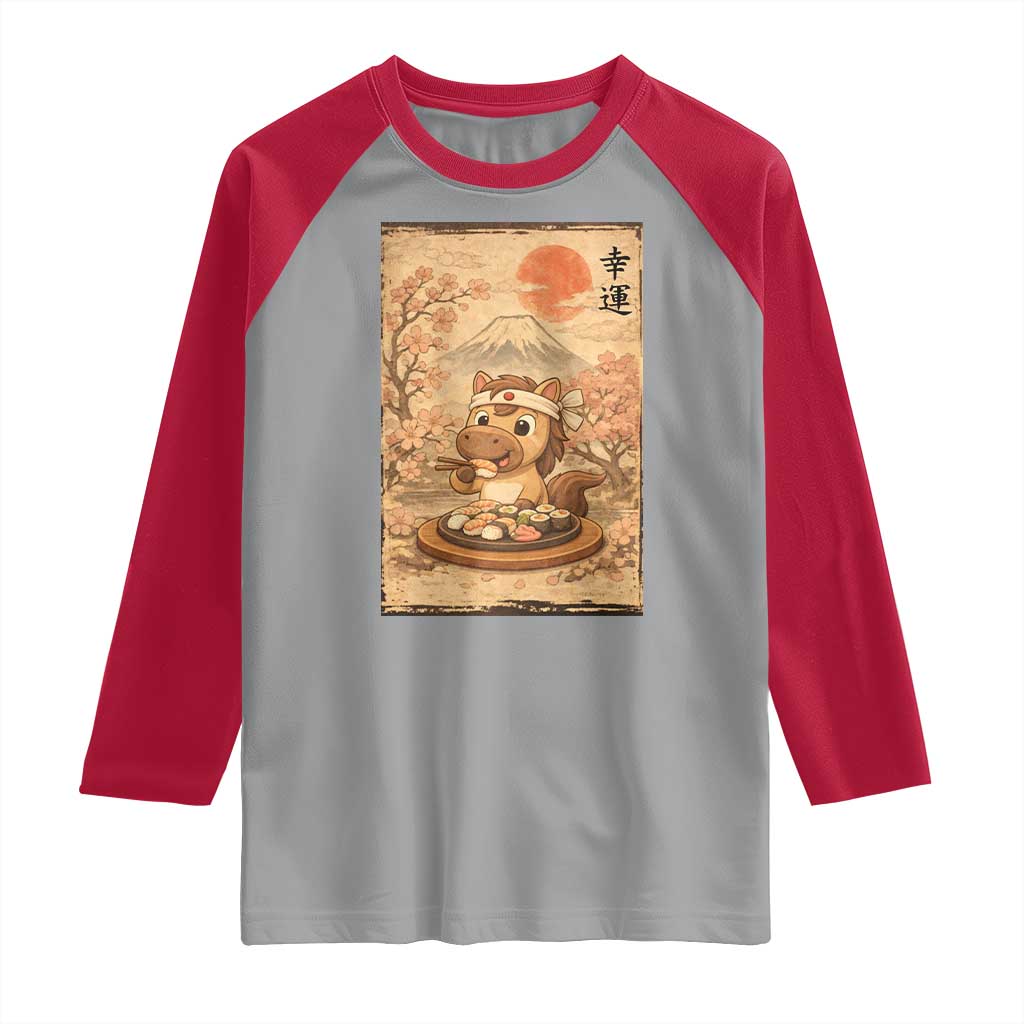 Funny Horse Eating Sushi Raglan Shirt Japanese Noodle Lover - Wonder Print Shop