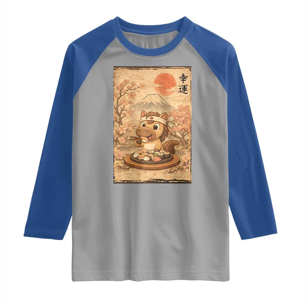 Funny Horse Eating Sushi Raglan Shirt Japanese Noodle Lover - Wonder Print Shop