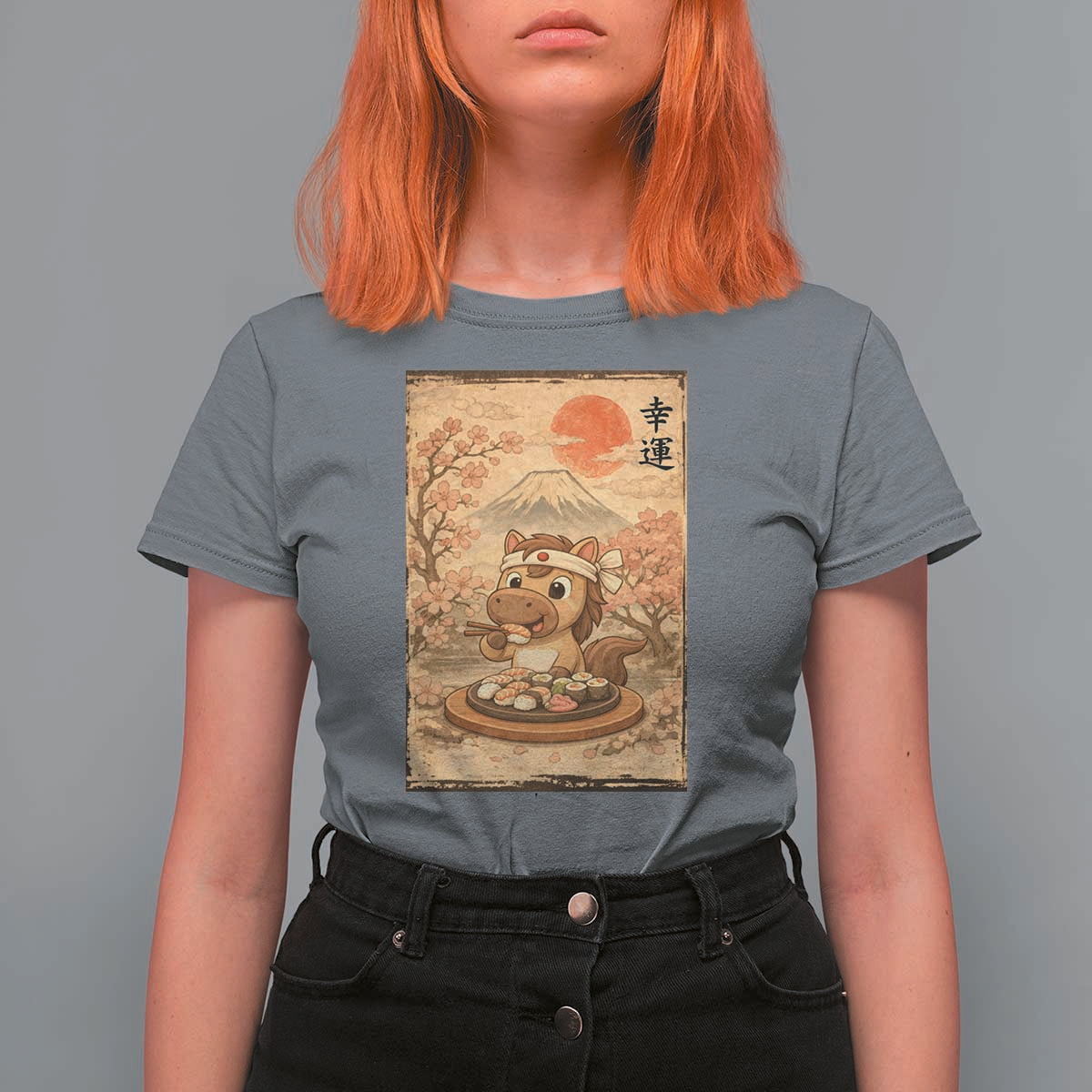 Funny Horse Eating Sushi T Shirt For Women Japanese Noodle Lover - Wonder Print Shop