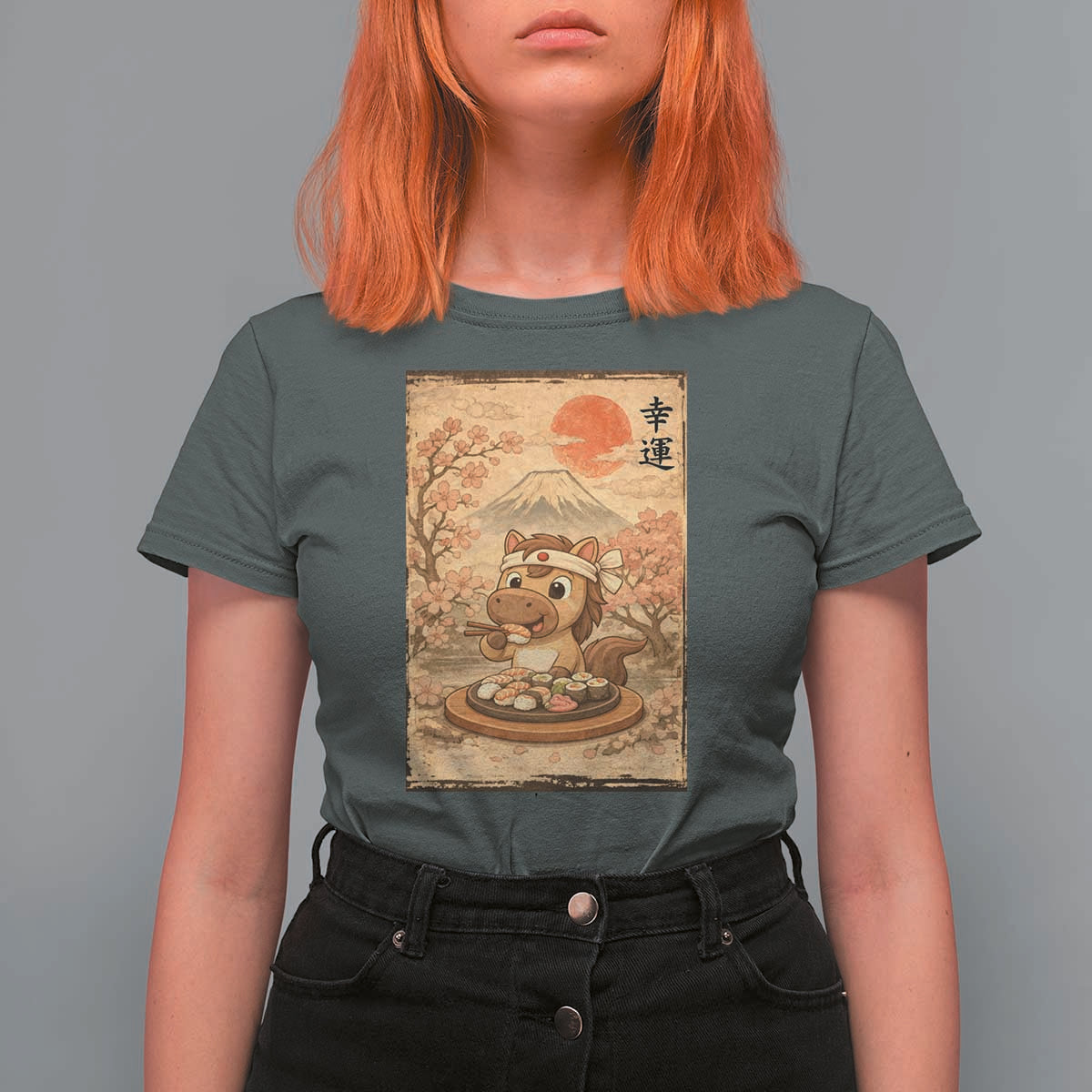 Funny Horse Eating Sushi T Shirt For Women Japanese Noodle Lover - Wonder Print Shop