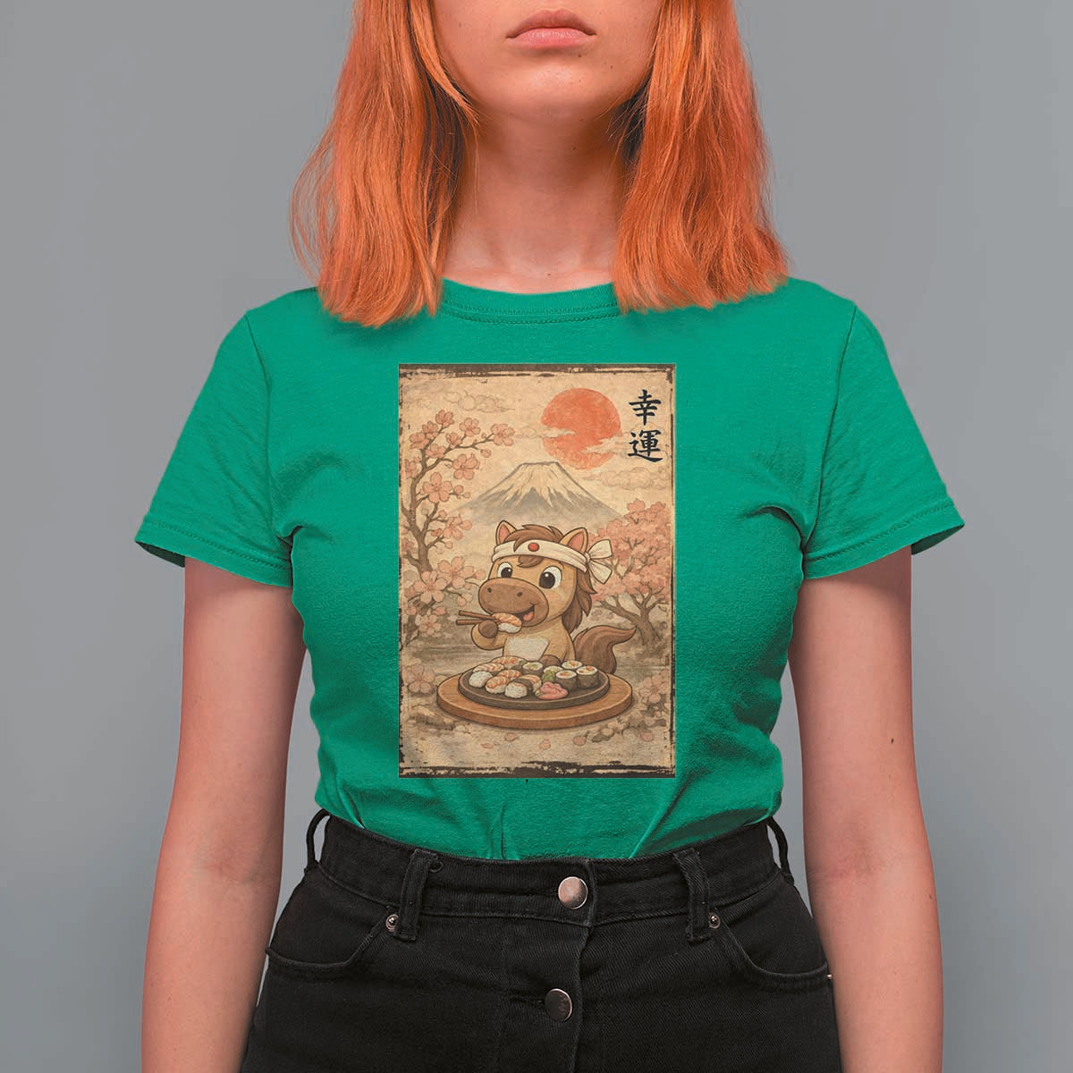 Funny Horse Eating Sushi T Shirt For Women Japanese Noodle Lover - Wonder Print Shop