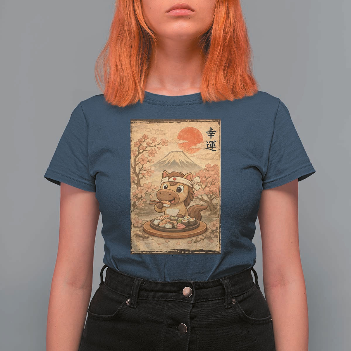 Funny Horse Eating Sushi T Shirt For Women Japanese Noodle Lover - Wonder Print Shop