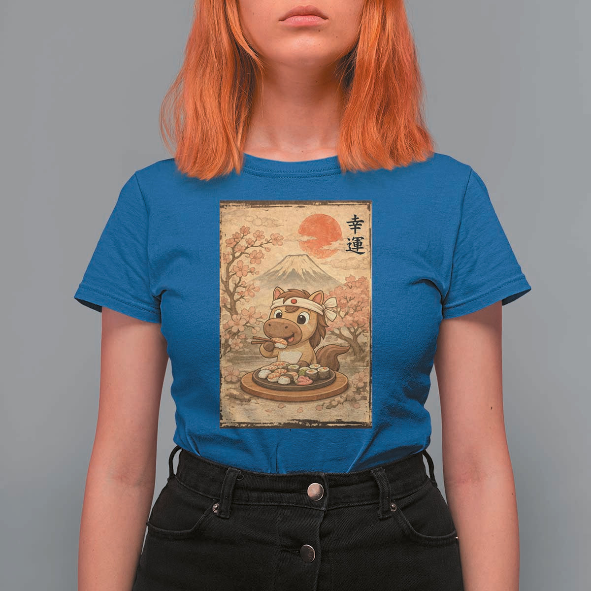 Funny Horse Eating Sushi T Shirt For Women Japanese Noodle Lover - Wonder Print Shop