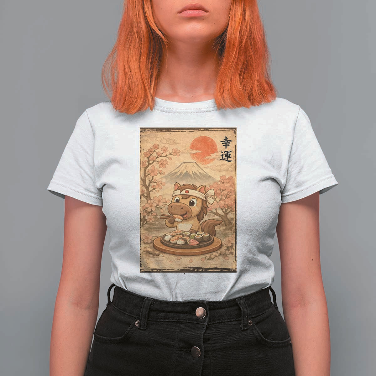 Funny Horse Eating Sushi T Shirt For Women Japanese Noodle Lover - Wonder Print Shop