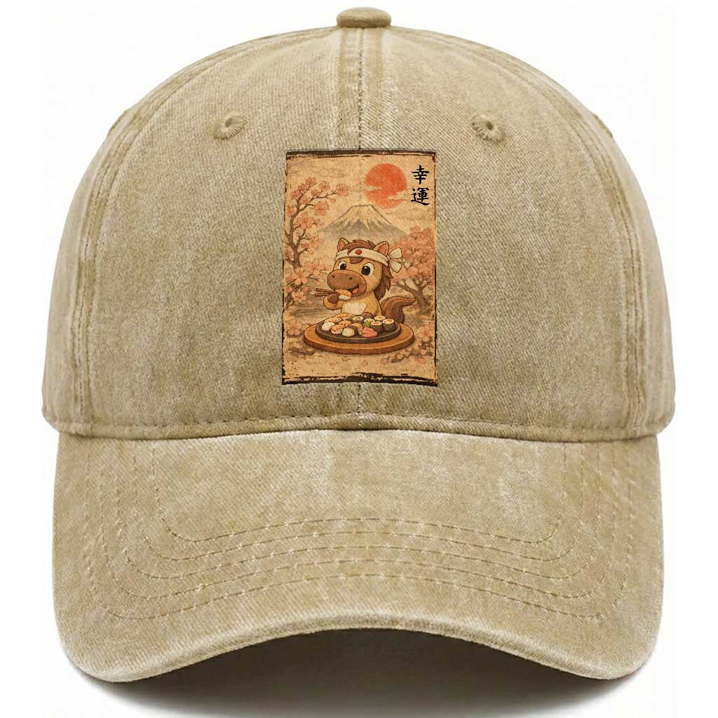 Funny Horse Eating Sushi Washed Cotton Baseball Cap Japanese Noodle Lover