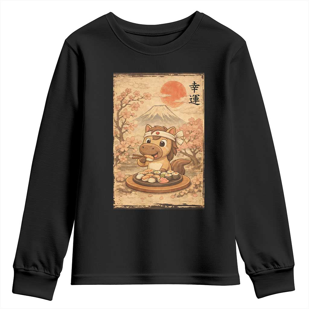 Funny Horse Eating Sushi Youth Sweatshirt Japanese Noodle Lover - Wonder Print Shop