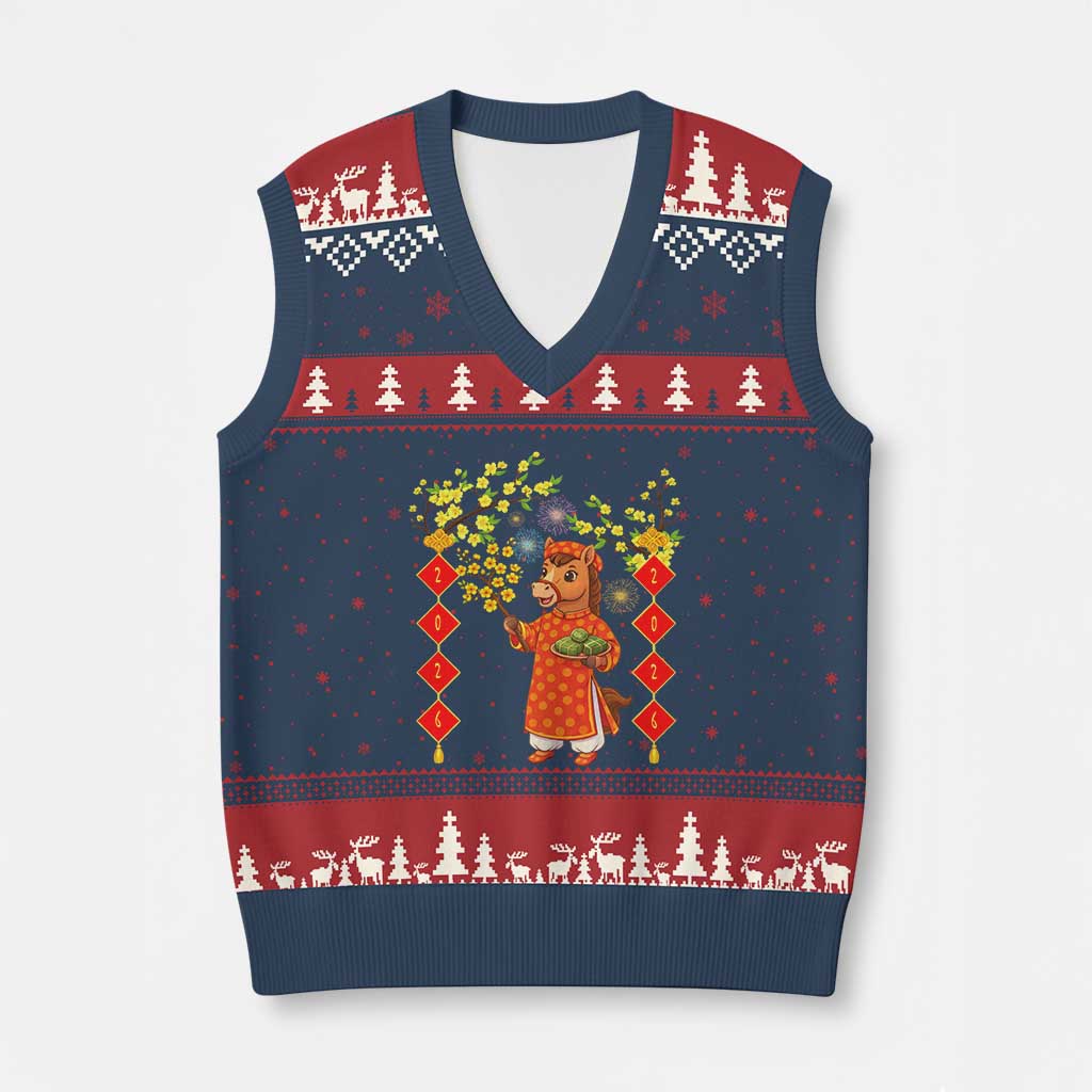Funny Tet Holiday V-Neck Knit Sweater Vest Cute Horse In Ao Dai - Wonder Print Shop