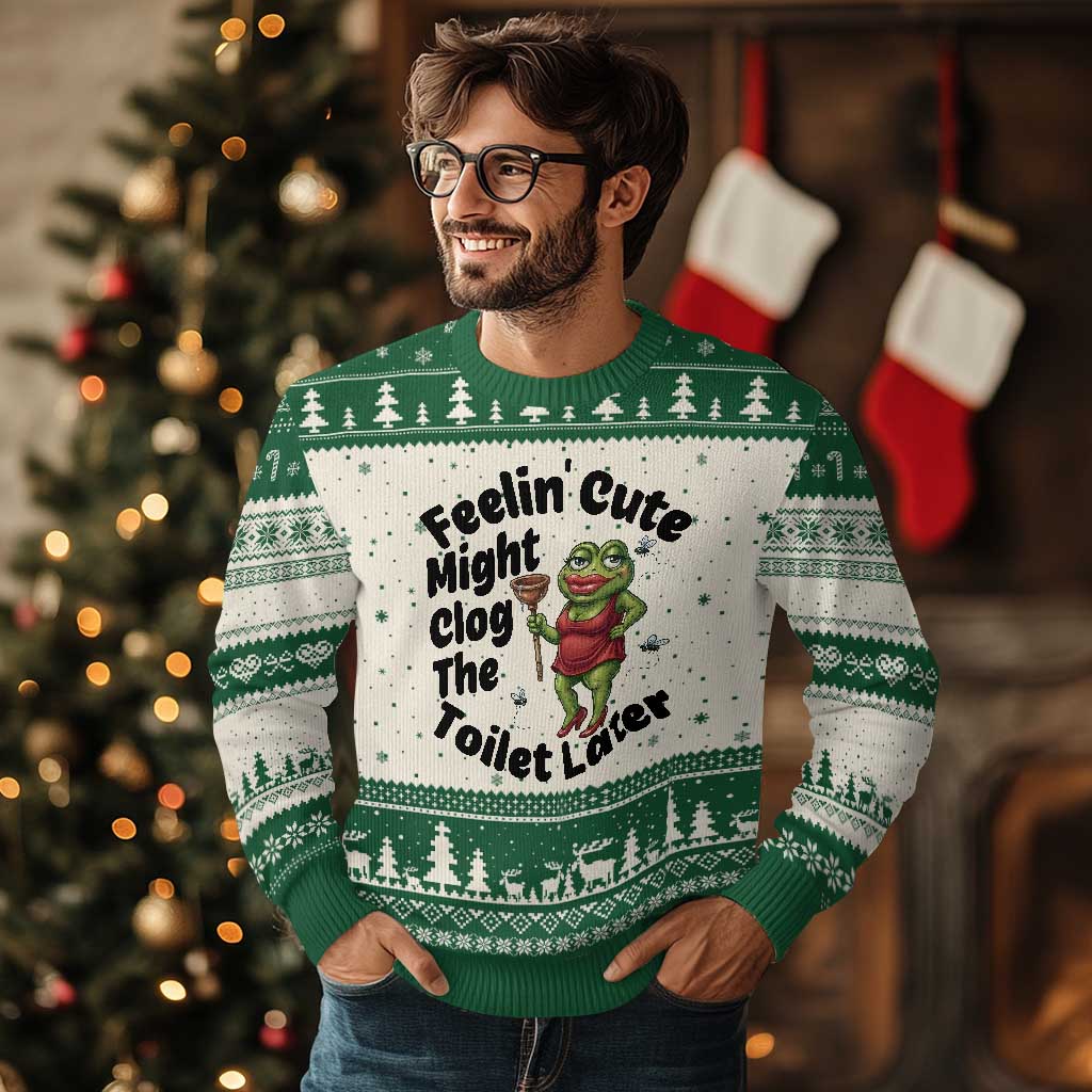 Funny Frog Bathroom Jokes Ugly Christmas Sweater Feeling Cute Might Clog The Toilet Later