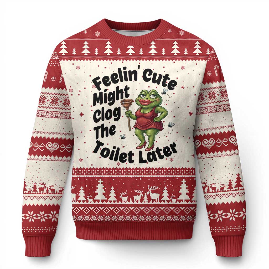 Funny Frog Bathroom Jokes Ugly Christmas Sweater Feeling Cute Might Clog The Toilet Later