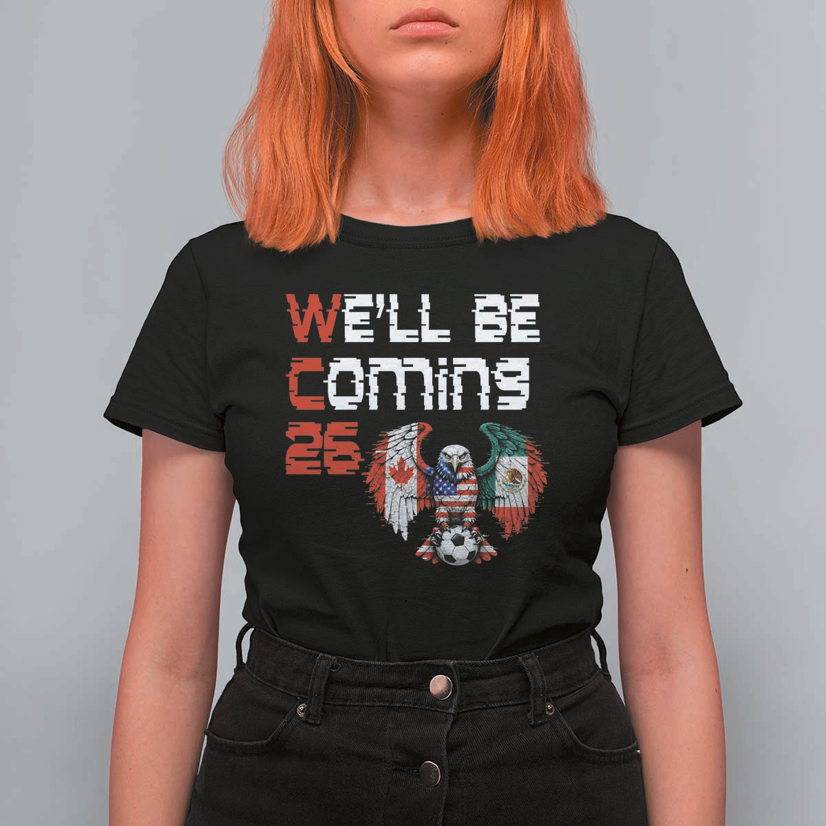 Glitched North America Eagle Soccer T Shirt For Women We Will Be Coming 26