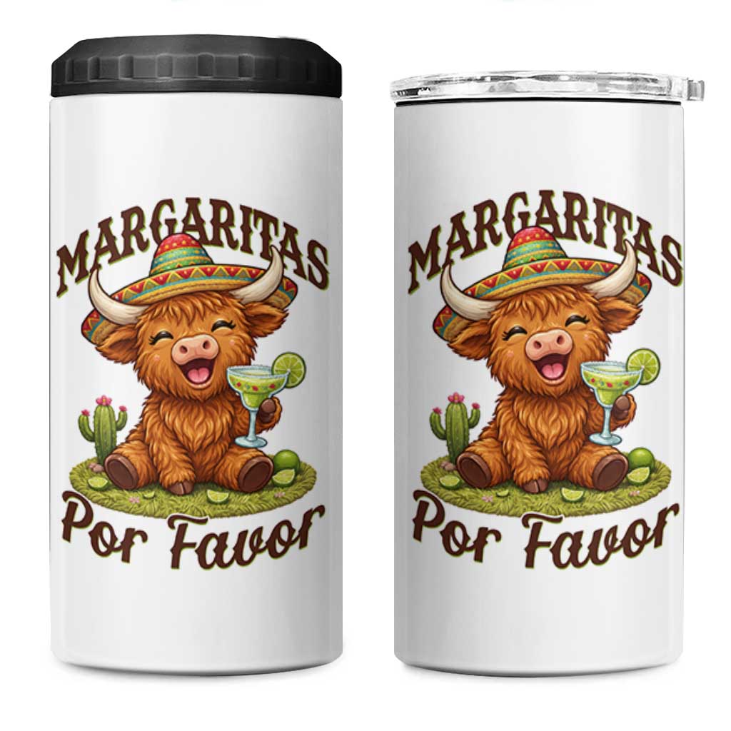 Funny Cinco De Mayo Highland Cow 4 in 1 Can Cooler Tumbler Margaritas Por Favor