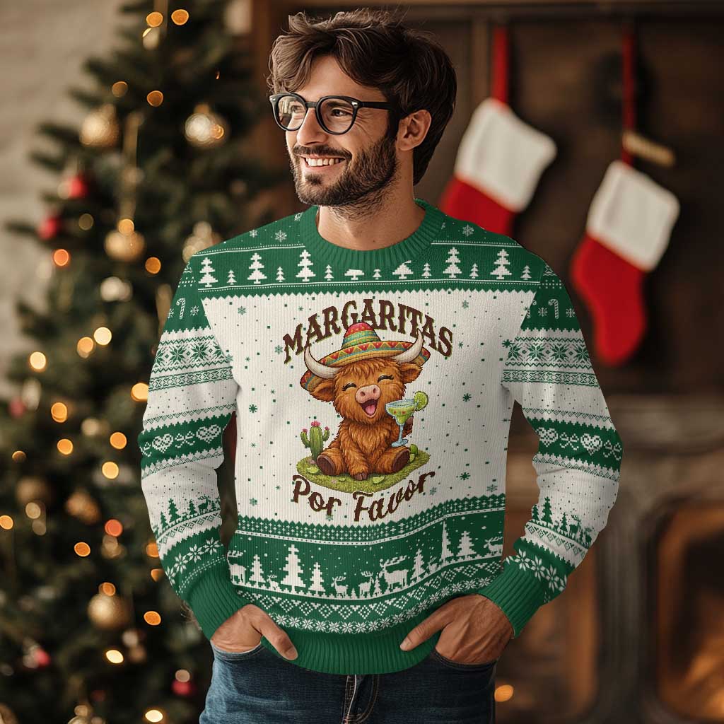 Funny Cinco De Mayo Highland Cow Ugly Christmas Sweater Margaritas Por Favor