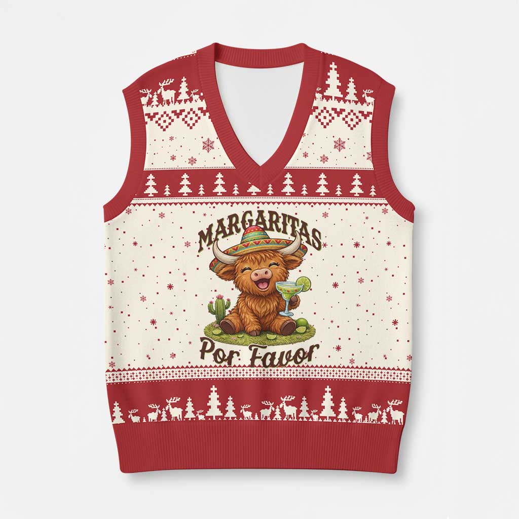 Funny Cinco De Mayo Highland Cow V-Neck Knit Sweater Vest Margaritas Por Favor