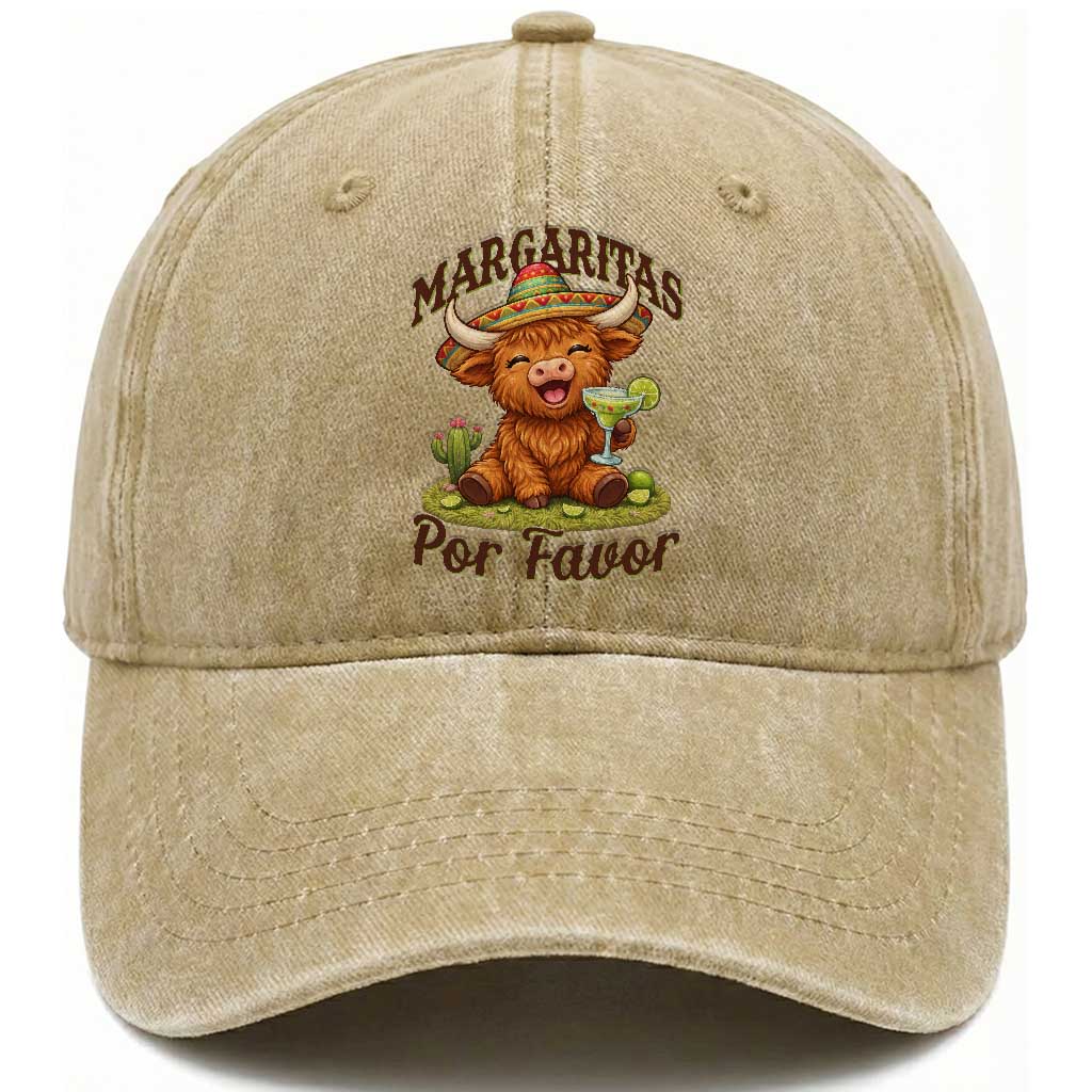 Funny Cinco De Mayo Highland Cow Washed Cotton Baseball Cap Margaritas Por Favor