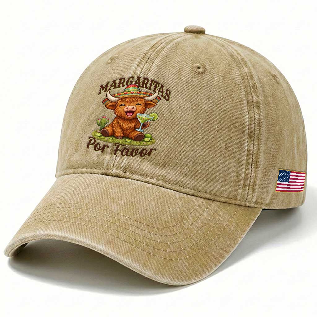 Funny Cinco De Mayo Highland Cow Washed Cotton Baseball Cap Margaritas Por Favor